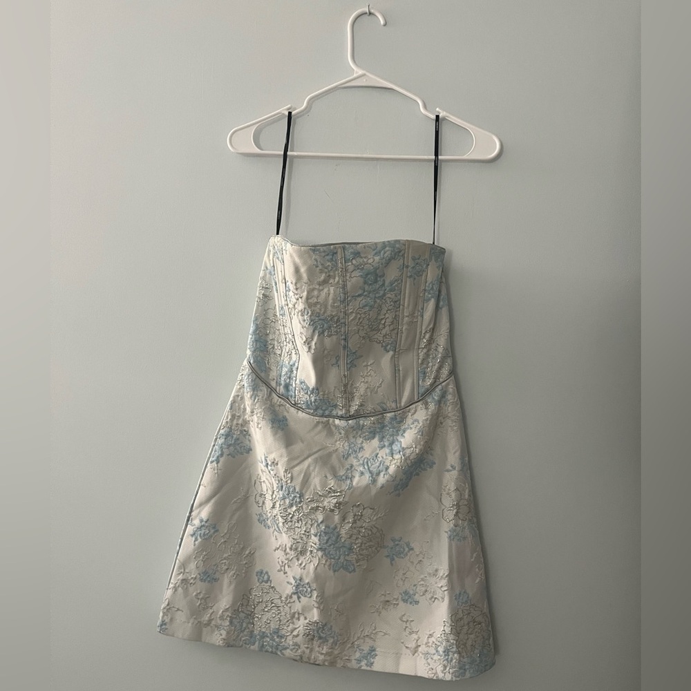 Winter Floral Strapless Dress with Blue Toned Accents